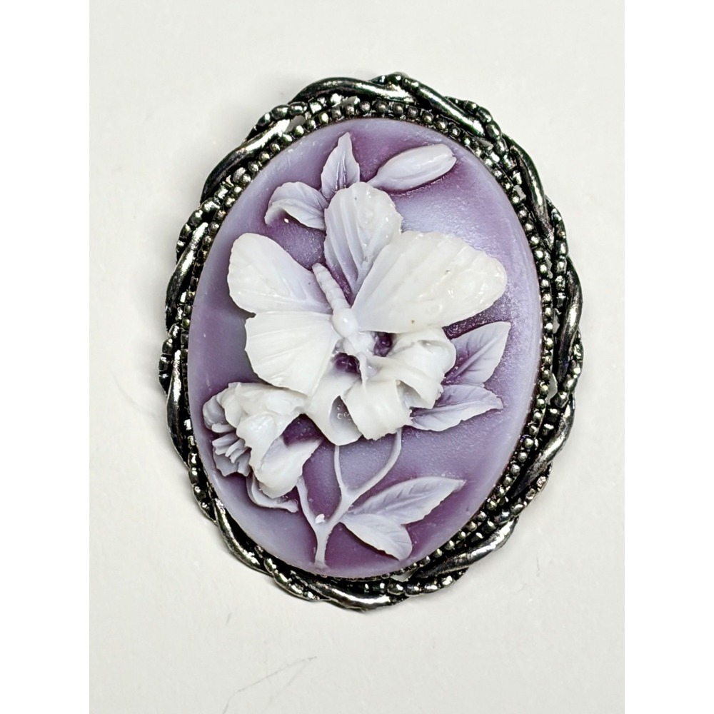 Vintage Silver Tone 3D Flowers Purple Butterfly Cameo Brooch Oval Pin